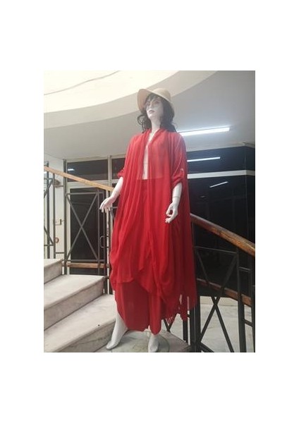 Itayan Ipek Detaylı Şallı Kaftan- Asimetrik Pantolon (2'li Takım)