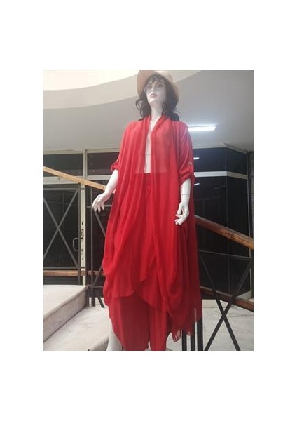 Itayan Ipek Detaylı Şallı Kaftan- Asimetrik Pantolon (2'li Takım)