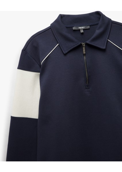 Pamuklu Renk Bloklu Uzun Kollu Yarım Fermuarlı Sweatshirt