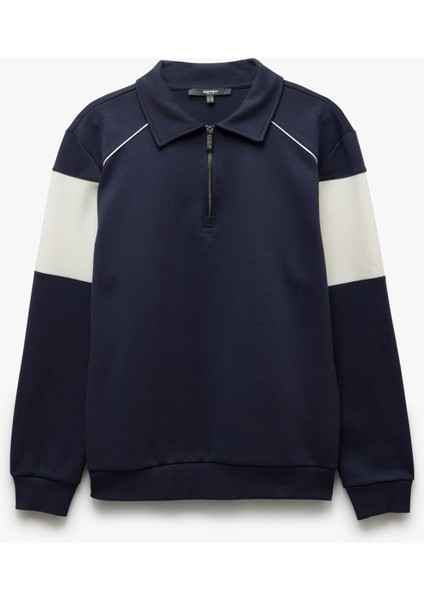 Pamuklu Renk Bloklu Uzun Kollu Yarım Fermuarlı Sweatshirt