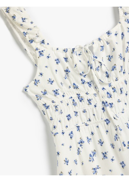 Kolsuz Bağcıklı Yaka A Kesim Çiçekli Gipeli Mini Viskon Elbise modelleri