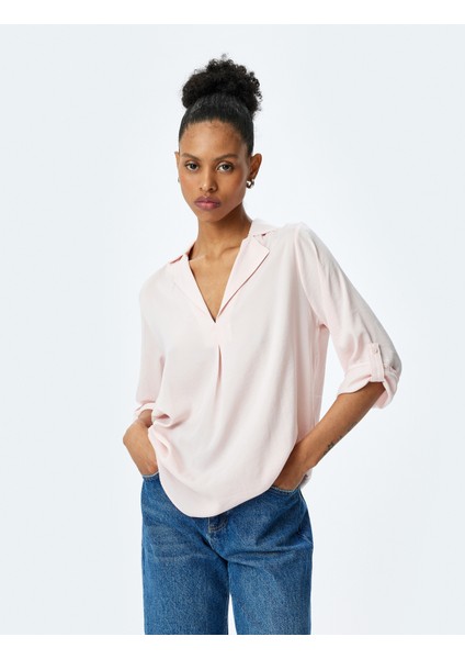 Kolları Katlama Detaylı 3/4 Kol Ceket Yaka Bluz