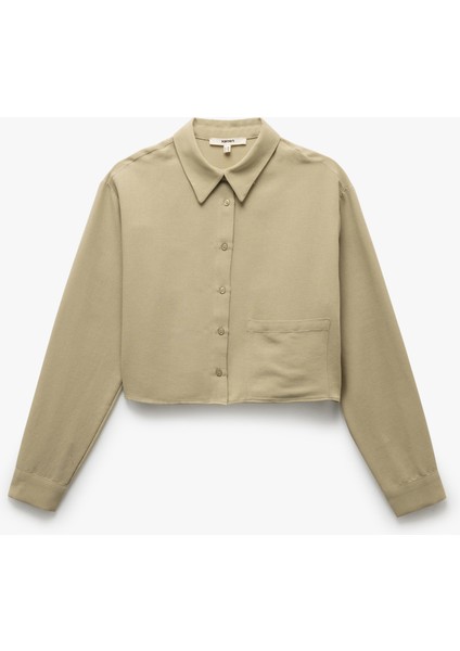 Keten Karışımlı Cepli Uzun Kollu Oversize Crop Gömlek