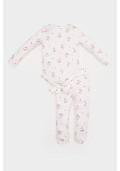 Kız Bebek 2'li Takım Çiçekli Fitilli Kaşkorse Uzun Kollu Çıtçıtlı Body Uzun Alt E2386A525SP