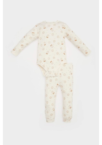 Erkek Bebek 2'li Takım Fitilli Kaşkorse Baskılı Uzun Kollu Çıtçıtlı Body Esnek Belli Uzun Alt E6303A525SP