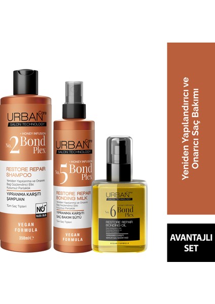Bond Plex Yıpranma Karşıtı Sülfatsız Şampuan 350 ml + Saç Bakım Sütü 200 ml + Saç Bakım Yağı 100 ml - Vegan