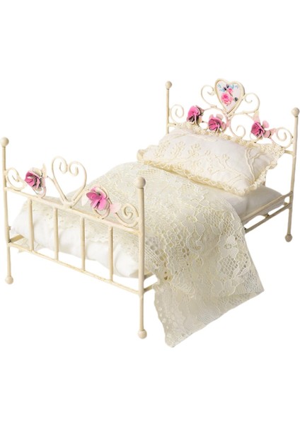 1/12 Dollhouse Demir Yatak Minyatür Mobilya Odası Hediye Mobilyaları Dekor Dantel Yatak (Yurt Dışından)