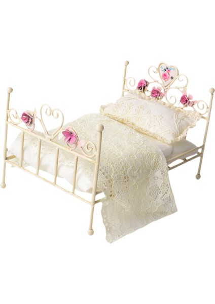 1/12 Dollhouse Demir Yatak Minyatür Mobilya Odası Hediye Mobilyaları Dekor Dantel Yatak (Yurt Dışından) fiyatları