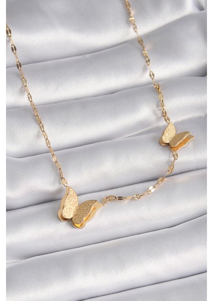 316L Çelik Gold Renk Simli Kelebek Model Kadın Kolye - TJ-BKO9414