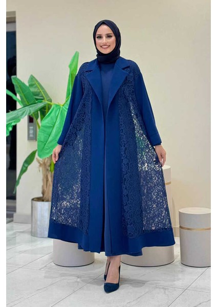Yakalı Dantel Güpür Detay Abaya 7830 Lacivert
