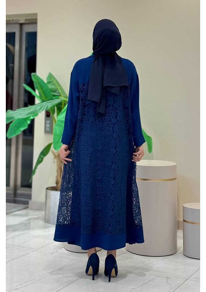 Yakalı Dantel Güpür Detay Abaya 7830 Lacivert fiyatları