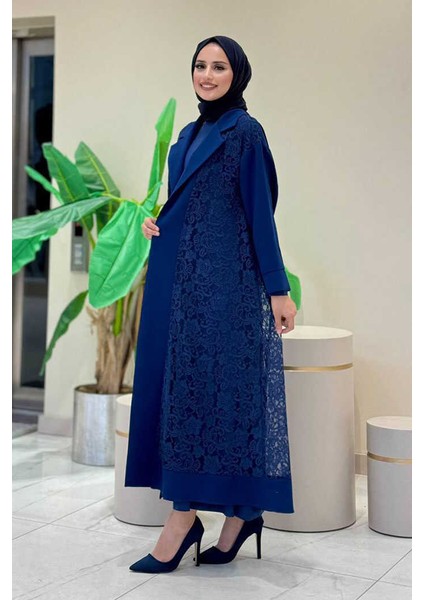 Yakalı Dantel Güpür Detay Abaya 7830 Lacivert modelleri