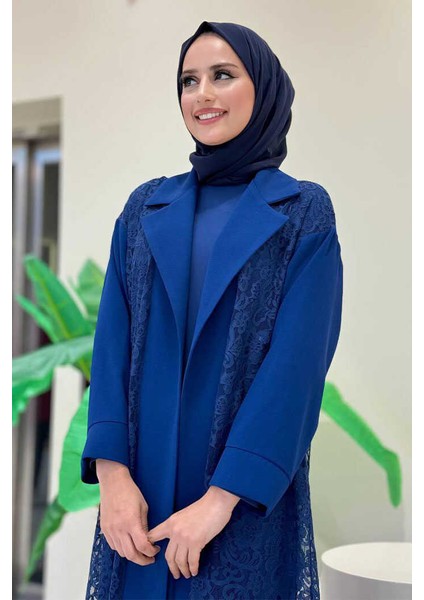Yakalı Dantel Güpür Detay Abaya 7830 Lacivert fırsatları