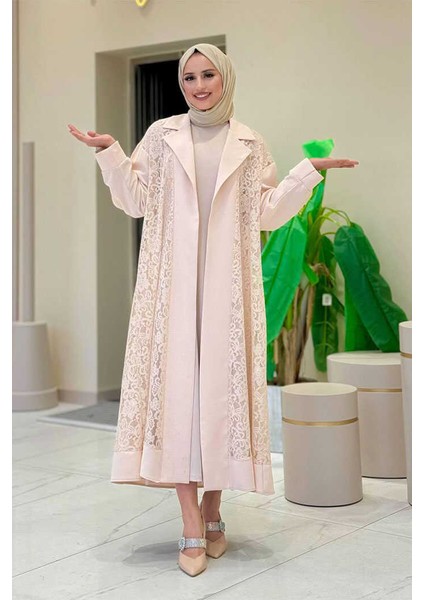 Yakalı Dantel Güpür Detay Abaya 7830 Taş