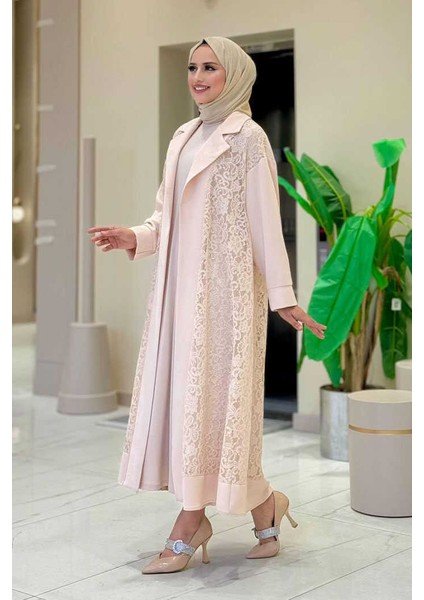 Yakalı Dantel Güpür Detay Abaya 7830 Taş modelleri