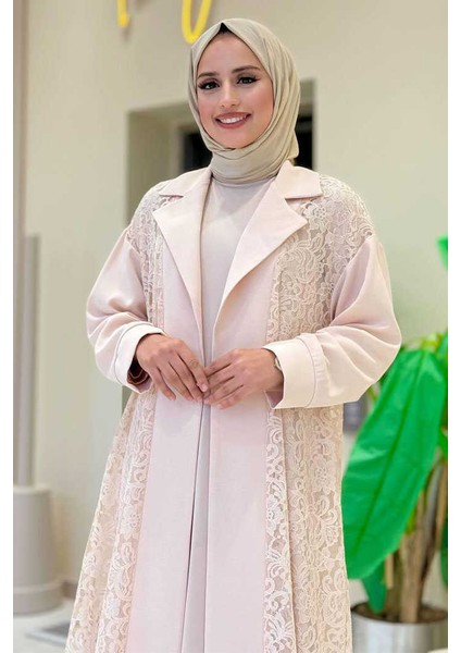 Yakalı Dantel Güpür Detay Abaya 7830 Taş fırsatları