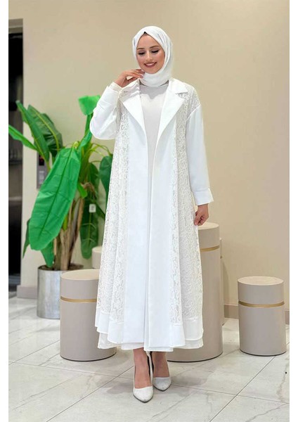 Yakalı Dantel Güpür Detay Abaya 7830 Ekru