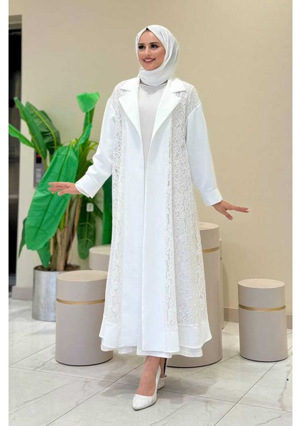Yakalı Dantel Güpür Detay Abaya 7830 Ekru fiyatları