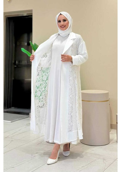 Yakalı Dantel Güpür Detay Abaya 7830 Ekru modelleri