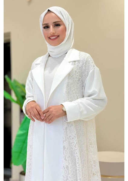 Yakalı Dantel Güpür Detay Abaya 7830 Ekru fırsatları