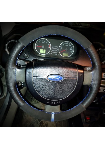 Dikişli Direksiyon Kılıfı Nubuk Deri Noktalı Deri Mavi Yüzük / Dikiş Ford Connect Için