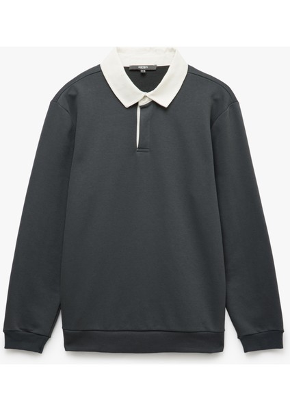 Uzun Kollu Pamuk Karışımlı Renk Kontrastlı Polo Yaka Sweatshirt