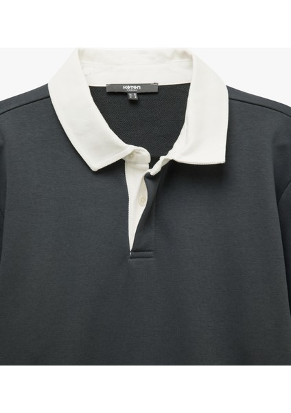 Uzun Kollu Pamuk Karışımlı Renk Kontrastlı Polo Yaka Sweatshirt