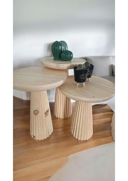 Wood Wooden Ahşap 3’Lü Set Fitilli Mantar Yan Sehpa Modern Fiskos / Çiçeklik / Zigon Sehpa