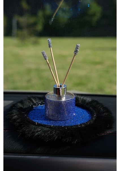 Saks Mavi Pullu Siyah Kordon Siyah Tüy Kaymaz Ped & Saks Mavi Yuvarlak Kavanoz Koku Set