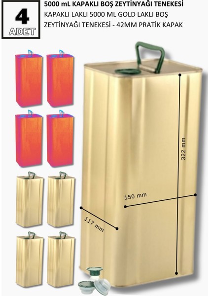 5l (5000 Ml) Boş Zeytinyağı Tenekesi Kapaklı x 4 Adet