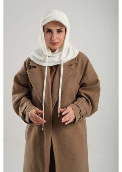 Krem Bağcıklı Peluş Salaş Şapkalı Balaklava Boyunluklu Bere Jakar Düz 2332_40 modelleri