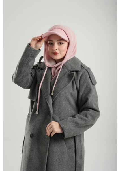 Pudra Bağcıklı Peluş Salaş Şapkalı Balaklava Boyunluklu Bere Jakar Düz 2332_06