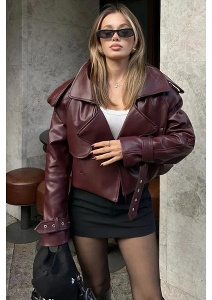 Bordo Deri Kadın Biker Ceket