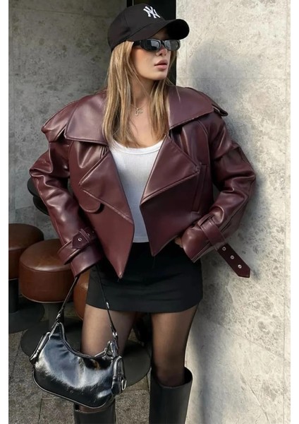 Bordo Deri Kadın Biker Ceket fiyatları