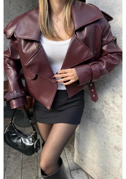 Bordo Deri Kadın Biker Ceket modelleri