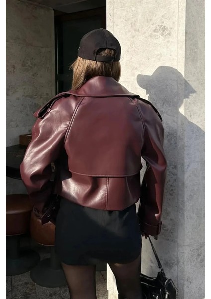 Bordo Deri Kadın Biker Ceket fırsatları