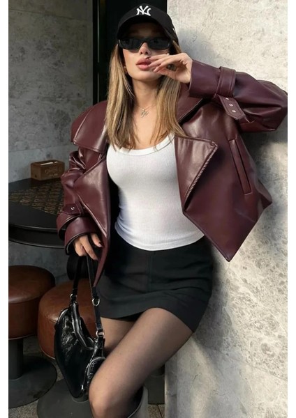Bordo Deri Kadın Biker Ceket indirimleri