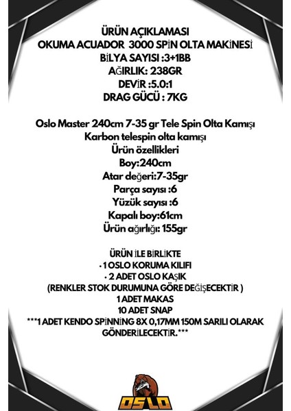 Master Telespin 240CM 7-35GR Okuma Acuador 3000 8 Örgü Spin Olta Seti