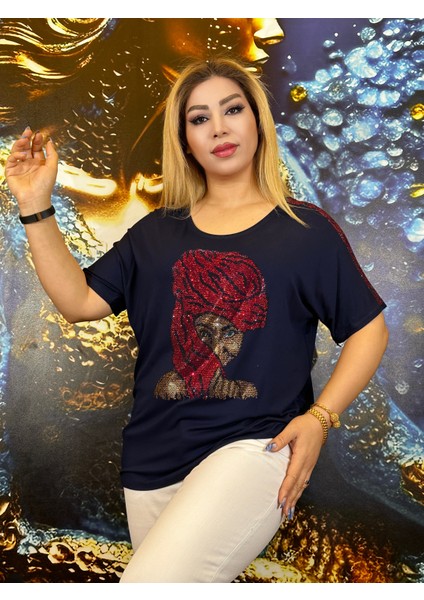 Bluz Kısa Kollu Yüksek Kalite Üç Pamuk Ipliği Taşli Işlemeli Günlük