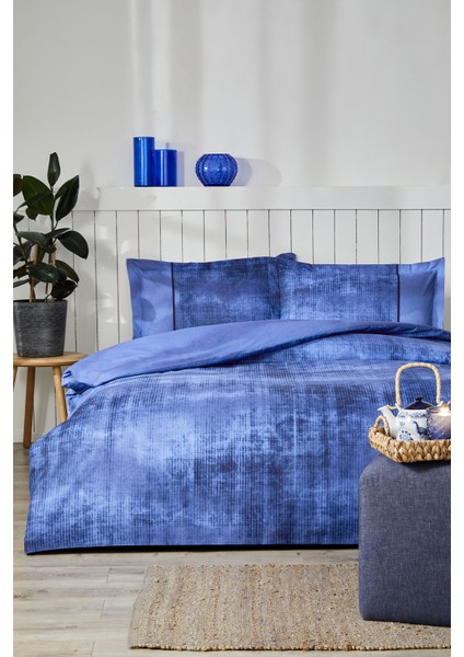 Horizon Mavi King Size Battal Boy Lastikli Fitted Çarşaf Nevresim Takımı