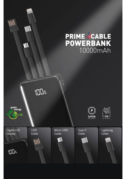 10.000 Mah Prime Dijital Göstergeli Dahili Çoklu Kablolu Powerbank
