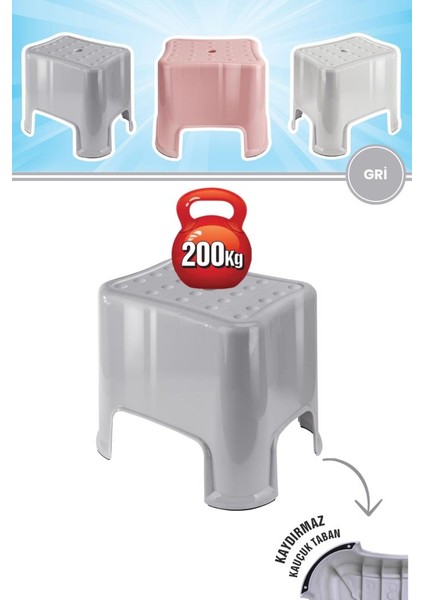 Herkül Banyo Taburesi, Kaydırmaz Kauçuk Tabanlı 200 kg Taşıma Kapasiteli Lüks Tabure, Gri