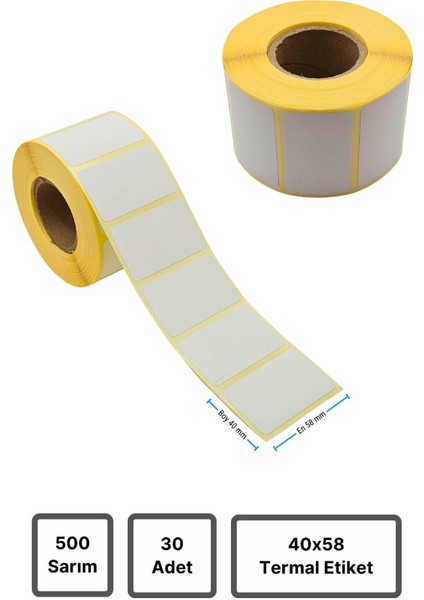 Termal Etiket | 30 Adet Rulo | Barkod Etiket | 40X58 mm | 500 Sarım | Terazi Etiketi