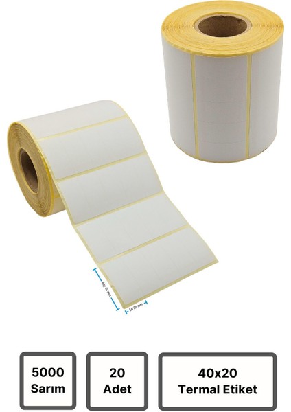 Termal Etiket | 20 Adet Rulo | Barkod Etiket | 40X20 mm | 5000 Sarım