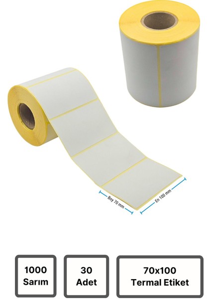 Termal Etiket | 30 Adet Rulo | Barkod Etiket | 70X100 mm | 1000 Sarım