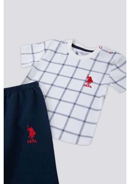 Square Line Pattern Krem Bebek T-shirt Takım