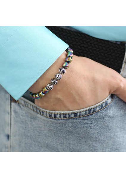 Multicolor Hematit Metal Kombinli Kişiye Özel Isim Yazılı Küre Kesim Doğaltaş Bileklik modelleri