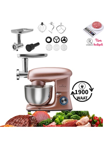 Kıyma Çekme ve Hamur Yoğurma, Karıştırma 5,5 Lt Sucuk-Sosis/içli Köfte Aparatlı Mutfak Şefi 1900W + Hediyeli