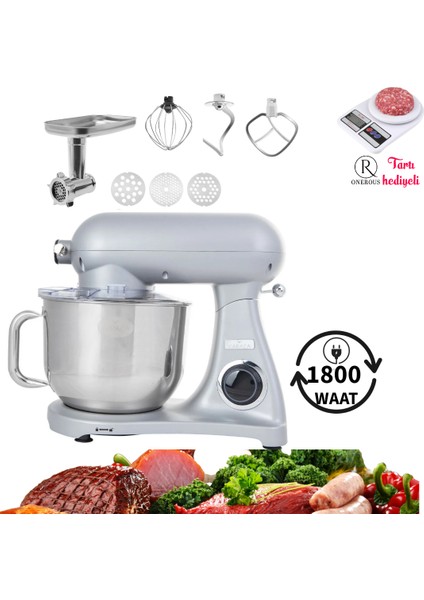 Kıyma Çekme Sucuk-Sosis Yap Hamur Yoğurma 1800W Güç 6,2 Lt Full Döküm Gövde Premium Mutfak Şefi ve Hediyeli