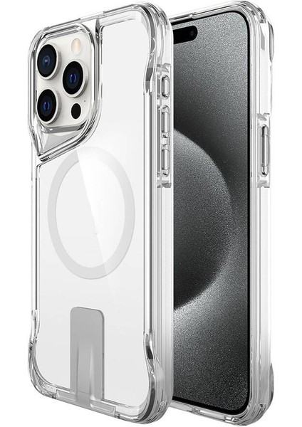 Apple iPhone 15 Pro Kılıf Magsafe Şarj Özellikli Zore T-Max Standlı Kapak-Renksiz